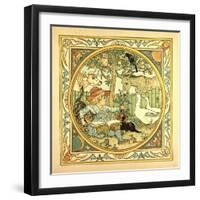 A Child Surrounded by a Cat Donkey Geese a Raven a Mouse a Frog an Owl and a Cow-null-Framed Giclee Print