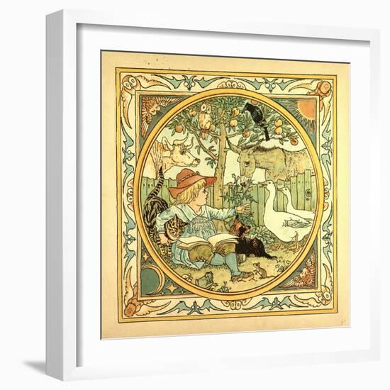 A Child Surrounded by a Cat Donkey Geese a Raven a Mouse a Frog an Owl and a Cow-null-Framed Giclee Print