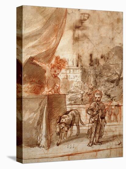 A Child with a Dog and A Young Man on a Terrace pen and ink-Pier Francesco Mola-Stretched Canvas
