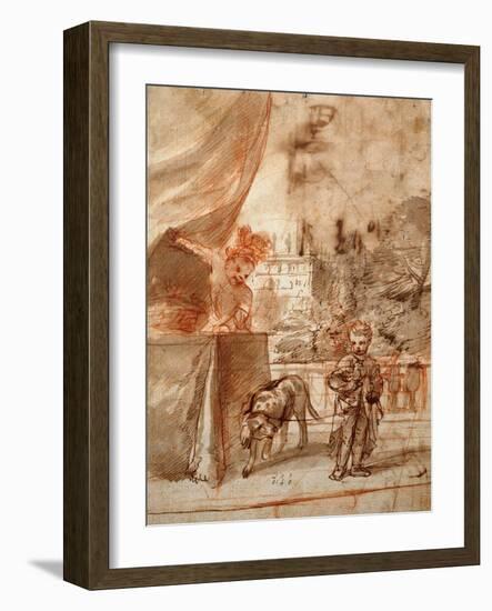 A Child with a Dog and A Young Man on a Terrace pen and ink-Pier Francesco Mola-Framed Giclee Print