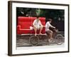 A Chinese Man Rides on a Sofa as Another Pedals a Delivery Tricycle-null-Framed Photographic Print