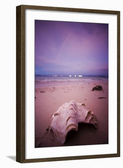 A Clam Shell Sits on a Beach While a Rainbow Appears on the Island of Mamutik, Borneo, Malaysia-Dan Holz-Framed Photographic Print