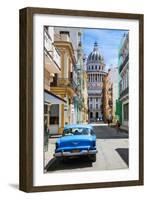 A Classic Car Parked on Street Next to Colonial Buildings with Former Parliament Building-Sean Cooper-Framed Photographic Print