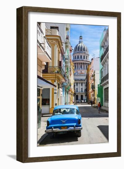 A Classic Car Parked on Street Next to Colonial Buildings with Former Parliament Building-Sean Cooper-Framed Photographic Print