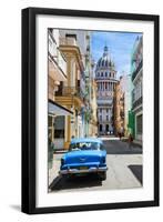 A Classic Car Parked on Street Next to Colonial Buildings with Former Parliament Building-Sean Cooper-Framed Photographic Print