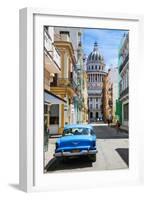 A Classic Car Parked on Street Next to Colonial Buildings with Former Parliament Building-Sean Cooper-Framed Photographic Print