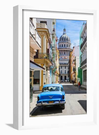 A Classic Car Parked on Street Next to Colonial Buildings with Former Parliament Building-Sean Cooper-Framed Photographic Print