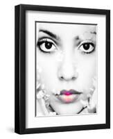 A Close-Up Portrait of a Woman with Dark Hair and Pink Poeny Looking into the Camera-Alaya Gadeh-Framed Premium Photographic Print