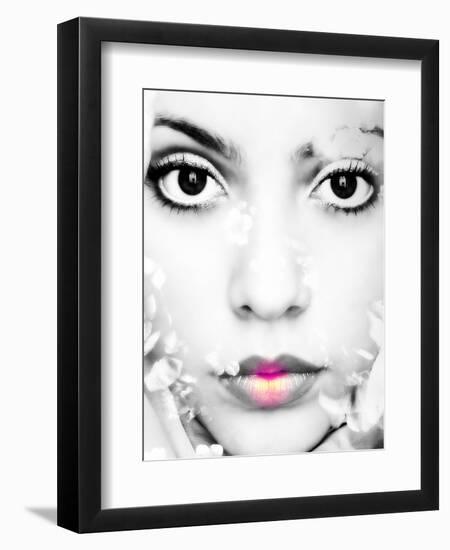 A Close-Up Portrait of a Woman with Dark Hair and Pink Poeny Looking into the Camera-Alaya Gadeh-Framed Premium Photographic Print