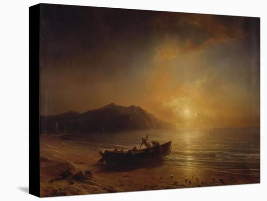 A Coastal Landscape with Arab Fishermen Launching a Boat at Sunset-Jean Antoine Theodore Gudin-Stretched Canvas