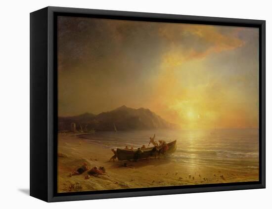 A Coastal Landscape with Arab Fishermen Launching a Boat at Sunset-Jean Antoine Theodore Gudin-Framed Stretched Canvas