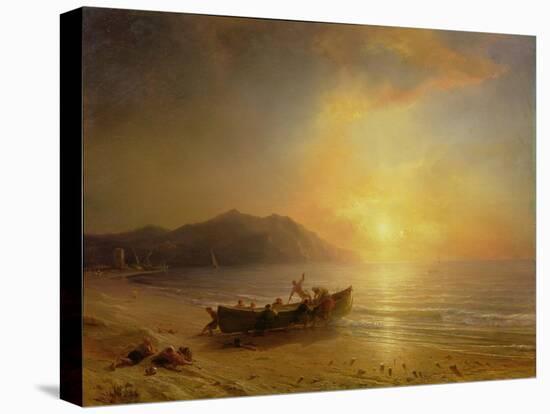 A Coastal Landscape with Arab Fishermen Launching a Boat at Sunset-Jean Antoine Theodore Gudin-Stretched Canvas