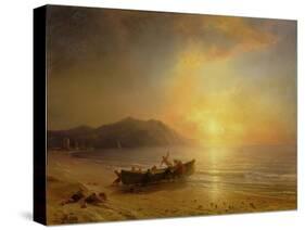 A Coastal Landscape with Arab Fishermen Launching a Boat at Sunset-Jean Antoine Theodore Gudin-Stretched Canvas