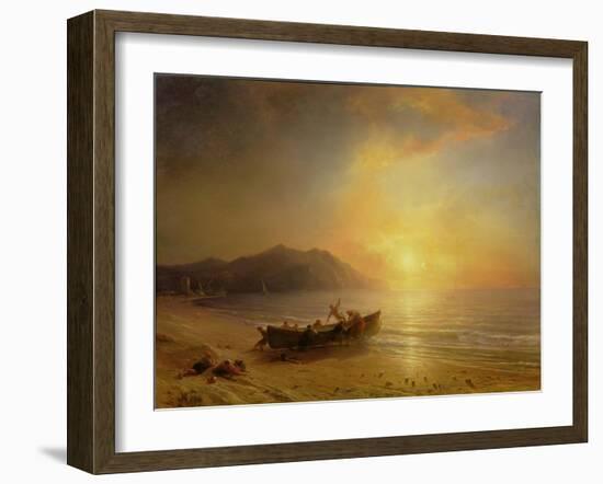 A Coastal Landscape with Arab Fishermen Launching a Boat at Sunset-Jean Antoine Theodore Gudin-Framed Giclee Print