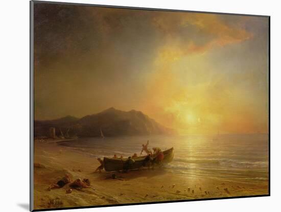 A Coastal Landscape with Arab Fishermen Launching a Boat at Sunset-Jean Antoine Theodore Gudin-Mounted Giclee Print