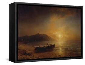 A Coastal Landscape with Arab Fishermen Launching a Boat at Sunset-Jean Antoine Theodore Gudin-Framed Stretched Canvas