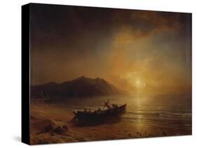 A Coastal Landscape with Arab Fishermen Launching a Boat at Sunset-Jean Antoine Theodore Gudin-Stretched Canvas