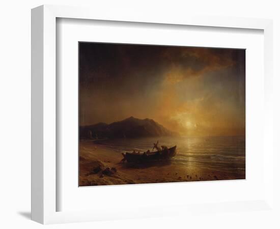 A Coastal Landscape with Arab Fishermen Launching a Boat at Sunset-Jean Antoine Theodore Gudin-Framed Giclee Print