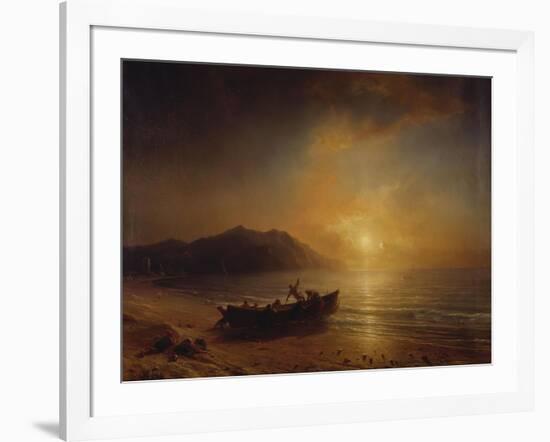 A Coastal Landscape with Arab Fishermen Launching a Boat at Sunset-Jean Antoine Theodore Gudin-Framed Giclee Print