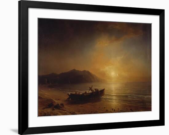 A Coastal Landscape with Arab Fishermen Launching a Boat at Sunset-Jean Antoine Theodore Gudin-Framed Giclee Print