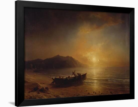 A Coastal Landscape with Arab Fishermen Launching a Boat at Sunset-Jean Antoine Theodore Gudin-Framed Giclee Print