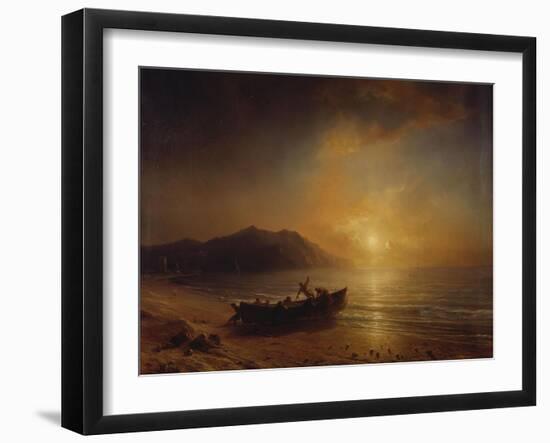 A Coastal Landscape with Arab Fishermen Launching a Boat at Sunset-Jean Antoine Theodore Gudin-Framed Giclee Print