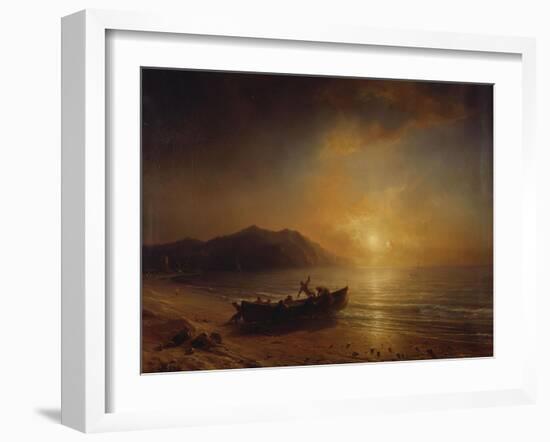 A Coastal Landscape with Arab Fishermen Launching a Boat at Sunset-Jean Antoine Theodore Gudin-Framed Giclee Print