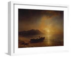 A Coastal Landscape with Arab Fishermen Launching a Boat at Sunset-Jean Antoine Theodore Gudin-Framed Giclee Print