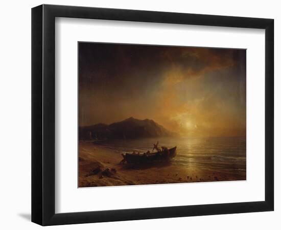 A Coastal Landscape with Arab Fishermen Launching a Boat at Sunset-Jean Antoine Theodore Gudin-Framed Premium Giclee Print