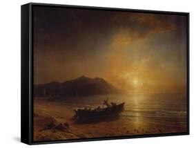 A Coastal Landscape with Arab Fishermen Launching a Boat at Sunset-Jean Antoine Theodore Gudin-Framed Stretched Canvas