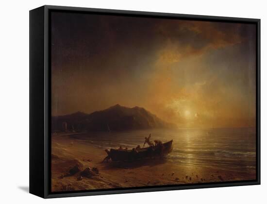 A Coastal Landscape with Arab Fishermen Launching a Boat at Sunset-Jean Antoine Theodore Gudin-Framed Stretched Canvas