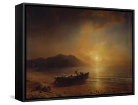 A Coastal Landscape with Arab Fishermen Launching a Boat at Sunset-Jean Antoine Theodore Gudin-Framed Stretched Canvas