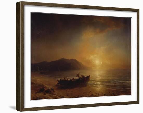 A Coastal Landscape with Arab Fishermen Launching a Boat at Sunset-Jean Antoine Theodore Gudin-Framed Giclee Print