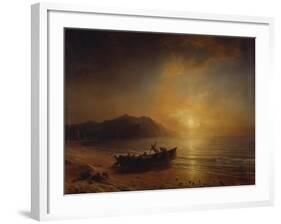 A Coastal Landscape with Arab Fishermen Launching a Boat at Sunset-Jean Antoine Theodore Gudin-Framed Giclee Print