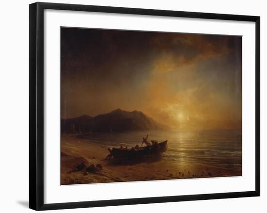 A Coastal Landscape with Arab Fishermen Launching a Boat at Sunset-Jean Antoine Theodore Gudin-Framed Giclee Print