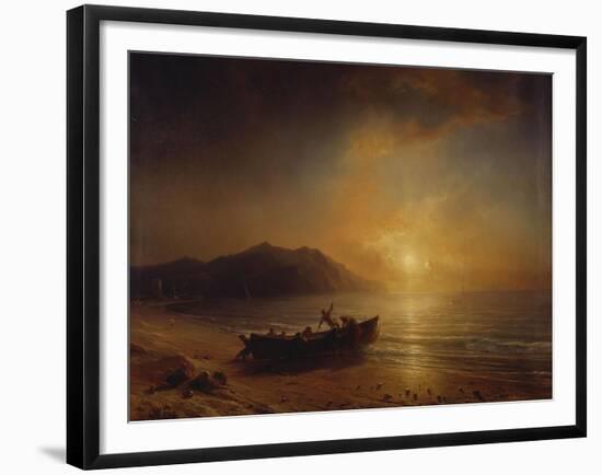 A Coastal Landscape with Arab Fishermen Launching a Boat at Sunset-Jean Antoine Theodore Gudin-Framed Giclee Print