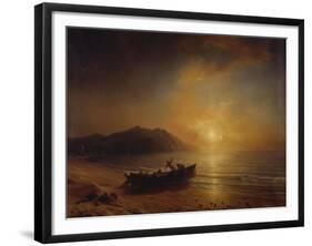 A Coastal Landscape with Arab Fishermen Launching a Boat at Sunset-Jean Antoine Theodore Gudin-Framed Giclee Print