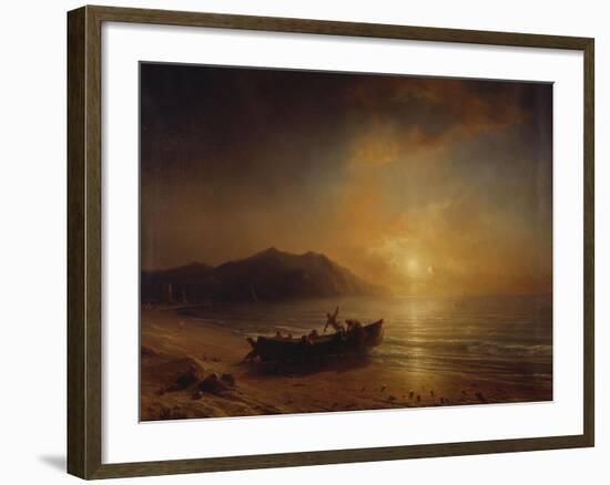 A Coastal Landscape with Arab Fishermen Launching a Boat at Sunset-Jean Antoine Theodore Gudin-Framed Giclee Print