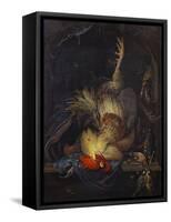 A Cockerel, a Partridge, Powder Horns, a Kingfisher and Song-Birds Hanging in a Niche, with a…-Abraham Mignon-Framed Stretched Canvas