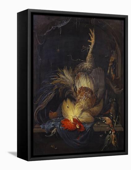 A Cockerel, a Partridge, Powder Horns, a Kingfisher and Song-Birds Hanging in a Niche, with a…-Abraham Mignon-Framed Stretched Canvas