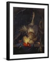 A Cockerel, a Partridge, Powder Horns, a Kingfisher and Song-Birds Hanging in a Niche, with a…-Abraham Mignon-Framed Giclee Print