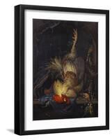 A Cockerel, a Partridge, Powder Horns, a Kingfisher and Song-Birds Hanging in a Niche, with a…-Abraham Mignon-Framed Giclee Print