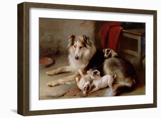 A Collie with Fox Terrier Puppies, 1913-Walter Hunt-Framed Giclee Print