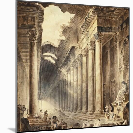 A Colonnaded Thermal Building, with Girls Washing Clothes at a Fountain Below a Statue-Hubert Robert-Mounted Giclee Print