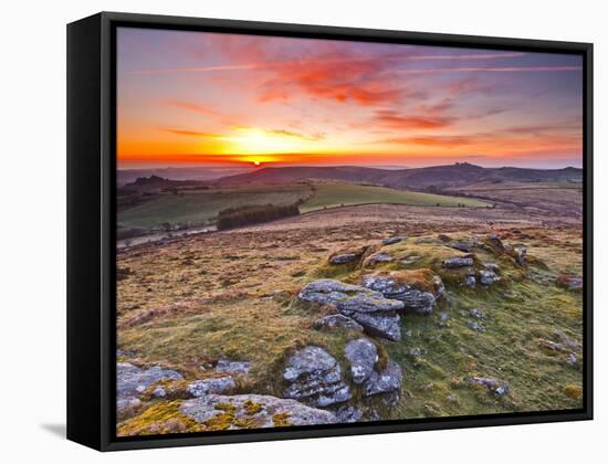 A Colourful Dawn on Chinkwell Tor in Dartmoor National Park, Devon, England, United Kingdom, Europe-Julian Elliott-Framed Stretched Canvas