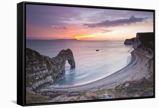 A Colourful Sunset over Durdle Door-Julian Elliott-Framed Stretched Canvas