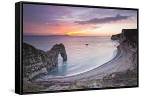 A Colourful Sunset over Durdle Door-Julian Elliott-Framed Stretched Canvas