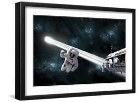 A Comet Passes Dangerously Close to Astroanuts Working on Space Station-Stocktrek Images-Framed Art Print