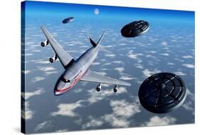 A Commerical Flight Boeing 747 Being Stalked by Ufo'S-null-Stretched Canvas