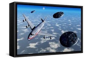 A Commerical Flight Boeing 747 Being Stalked by Ufo'S-null-Framed Stretched Canvas